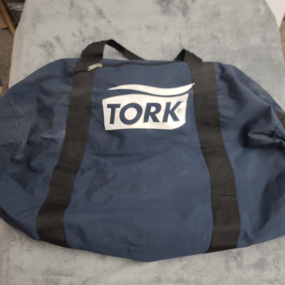 Vintage Tork Duffle Bag Large Blue Automotive Man Cave Race Car Missing Shoulder